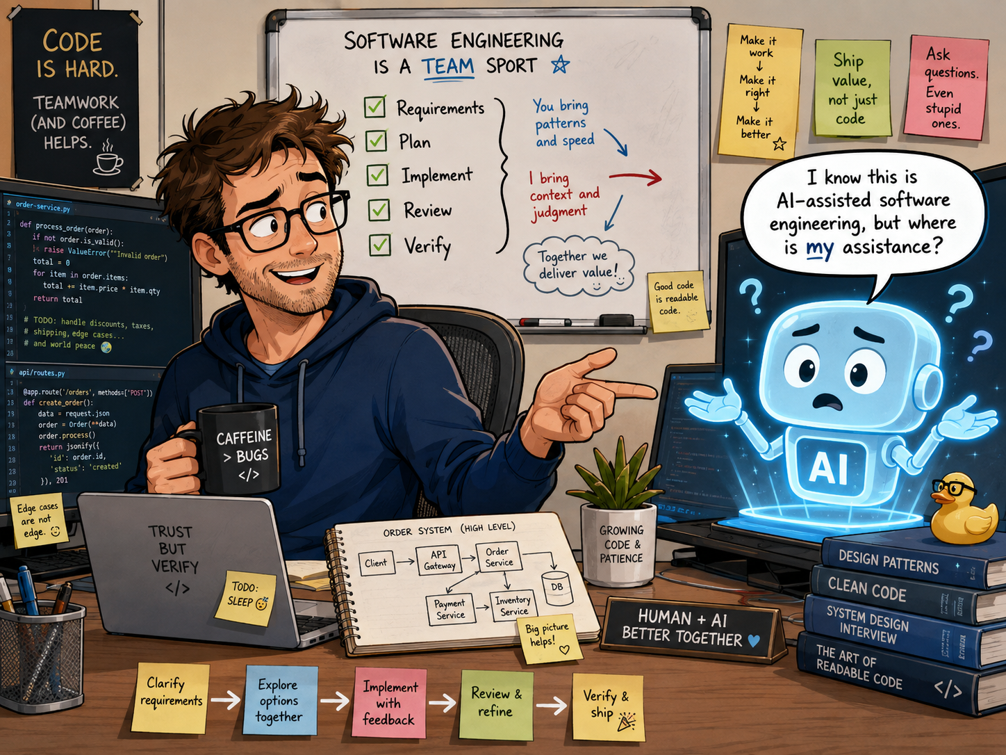 An engineer and an AI wondering where their assistance is
